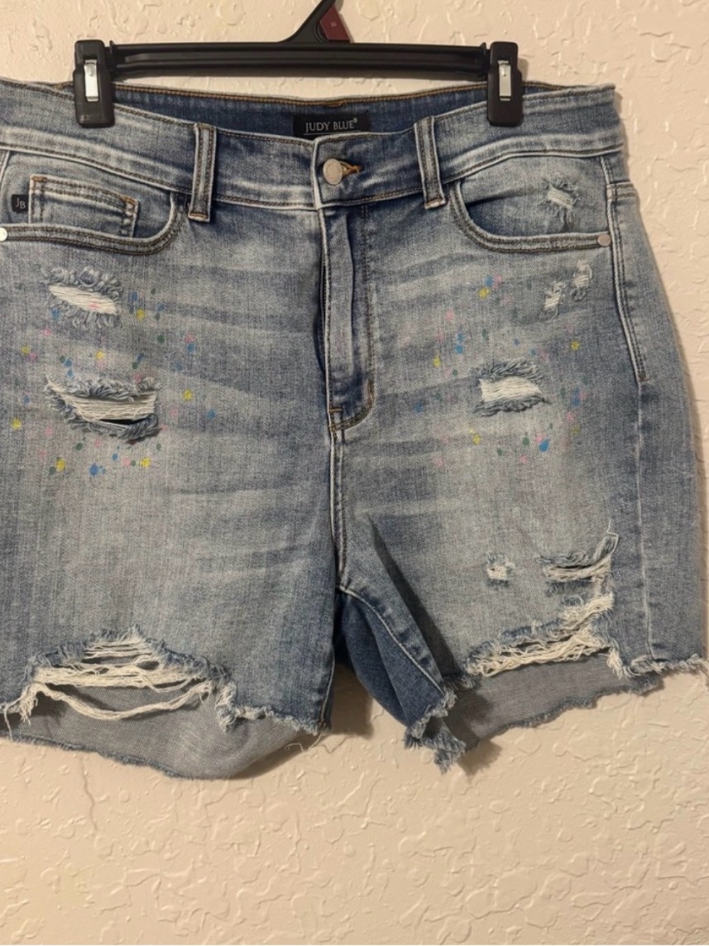 Judy Blue Light Blue Distressed Denim Shorts with Paint-Splatter